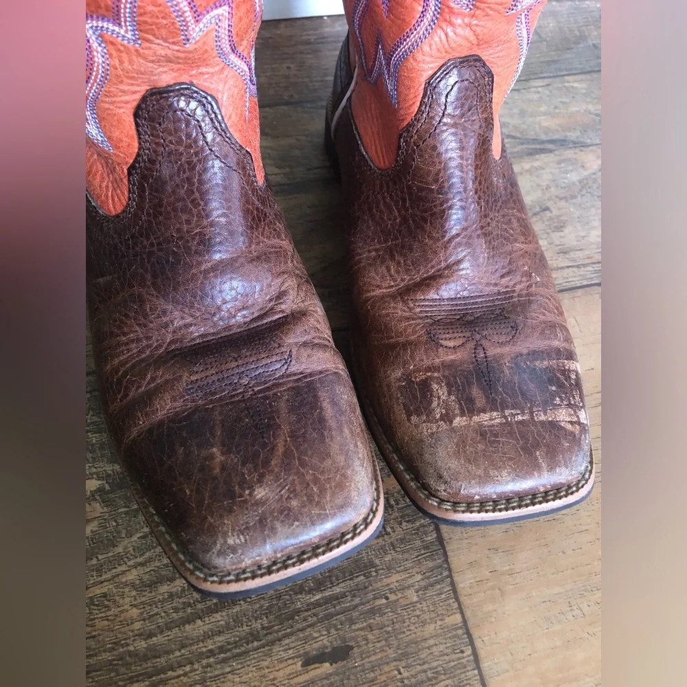 Twisted X Leather Brown/Orange Tall Leather Sq Toe Boots YBK0003 Boys 1.5 M
